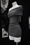 Anthracite Black Striped Off-Shoulder Short Sleeve Bodycon Dress - 2