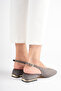 Women's Gray Suede 4 cm Thick Short Heeled Open Back Shoes with Gold Detail - 5