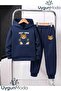 Floating Bear Printed Hooded Thick Cotton Inside Tracksuit with Pockets Children's Top and Bottom Tracksuit Set