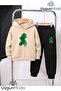 Green Hat Bear Printed Hooded Thick Cotton Inside Padding Tracksuit with Pockets Children's Top and Bottom Tracksuit Set