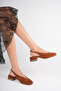 Women's Tan Suede 4 cm Thick Short Heeled Open Back Shoes with Gold Detail - 5