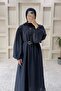 Belt Detailed Hijab Dress Navy Blue - 3
