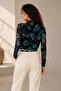 Women's Black Green Leaf Patterned Long Sleeve Gathered Detailed Lined Tulle Blouse - 7