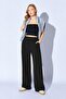 Women's Black Wide Leg Three-Thread Palazzo Sweatpants with Tie at the Waist - 2