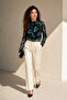 Women's Black Green Leaf Patterned Long Sleeve Gathered Detailed Lined Tulle Blouse - 5
