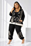 Plus Size Hooded Zippered Leaf Patterned Pocket Stylish Sports Women's Top and Bottom Two-Piece Set