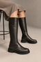 Genuine Leather Women's Black Below-The-Knee Boots with Zipper and Rubber Detail, Thick Non-Slip Sole