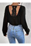 Women's long sleeve v neck window back lace detailed thick ribbed camisole blouse