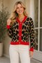 Women's Long Sleeve V-Neck Leopard Pattern Buttoned Casual Stylish Soft Brown Coral Knitwear Cardigan