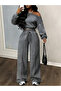 Women's Anthracite Boat Neck Sweatshirt with Stitching Detail Top and Bottom Set - 3