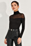 Women's Black Tulle Detailed Turtleneck Long Sleeve Blouse - 3