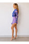 Women's Lilac Patterned High Collar Printed Lined Long Sleeve Tulle Fabric Blouse - 5