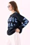 Crep Women's 3 Thread Yarn Soft Inside Printed Oversize Boat Neck Sweatshirt Navy Blue - 5