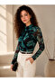 Women's Black Leaf Patterned Stand Collar Printed Lined Tulle Fabric Blouse with Drawstring Detail and Long Sleeves - 4