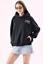 Crep Women's 3 Thread Yarn Soft Inside, Front and Back Printed Hooded Oversize Sweatshirt Navy Blue