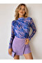 Women's Lilac Patterned High Collar Printed Lined Long Sleeve Tulle Fabric Blouse - 2