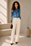Women's Blue Patterned High Collar Printed Lined Tulle Fabric Blouse with Drawstring Detail and Long Sleeves - 4