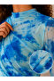 Women's Blue Tie-Dye Patterned High-Neck Printed Lined Long-Sleeved Tulle Fabric Blouse - 2