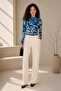 Women's Blue Patterned High Collar Printed Lined Tulle Fabric Blouse with Drawstring Detail and Long Sleeves - 2