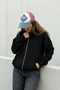 Women's Black Hooded Zippered Oversize Sweatshirt 80% Cotton Basic Hoodie with Pockets - 2