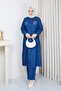 Women's Slit Detailed Stone-Embellished Two-Piece Denim Set with Pants