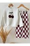 Girl's Cherry Embroidered Ecru School Sweatshirt and Checkerboard Patterned Sweatpants Set - 4