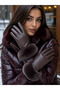 Women's Zigzag Detailed Brown Leather Gloves Eld20