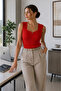 Women's Red Ribbed Knitwear Athlete Square Neck Sleeveless Thick Strap Summer Basic Blouse - 2