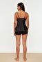 Black Lace Rope Strap Woven Pajama Set with Satin Shorts - 8