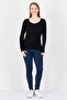 Women Scoop Neck Long Sleeve Ribbed Top, Black - 4