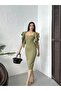 Women's Khaki - Khaki Midi Pencil Dress Square Neck Flounce Sleeve Plain Satin Event Elegance