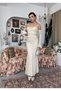 Women's Beige Lace Strap Heart Neckline Waist Ruffle Fitted Midi Dress - 6