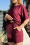Women's Striped Short-Sleeved Suit with Shorts, Burgundy - 4