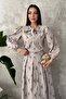 Women's Mink Bottom-Top Set Blouse Skirt Set Striped Floral Patterned Scarf Collar Long Sleeve Pleated - 3