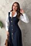 Women's Blue Sleeveless Square Neck Ornament Buttoned Lace-Up Denim Maxi Dress - 3