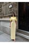 Women's White Maxi Length High Neck Off-The-Shoulder Draped Brooch Detailed Satin Dress - 6