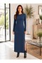 Women's Long Sleeve Navy Blue Long Dress with Slits, Stylish Fit
