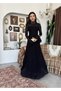 Women's Black Lace Midi Dress High Neck Long Sleeve Evening Dress with Flounce Cuffs - 6