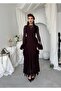 Women's Coffee Lace Midi Dress Crew Neck Long Sleeve Flounced Slim Fit - 4