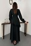Women's Black Lace Detailed Asymmetrical Belted Balloon Sleeve Maxi Dress - 5