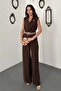 Women's Brown Jumpsuit Degaje Collar Sleeveless Belted Pockets Wide Leg Long - 2