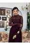 Women's Plum Lace Midi Dress High Neck Long Sleeve Evening Dress with Flounce Cuffs
