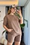 Women's Short-Sleeved Striped Shorts Set Brown