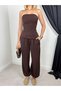 Women's Brown Blouse-Pants Set Strapless Blouse and Elastic Waistband Loose Pants Set with Pockets - 2