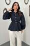 Women's Navy Blue Crew Neck Buttoned Balloon Sleeve Elastic Waist Cotton Peplum Blouse