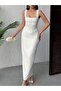 Women's White - White Stone Detailed Square Neck Strap Maxi Length Fitted Evening Dress