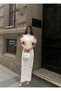 Women's White Maxi Length High Neck Off-The-Shoulder Draped Brooch Detailed Satin Dress - 4
