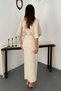 Women's Beige Maxi Dress V-Neck Pearl Cape Detailed Slit Event Dress - 5
