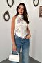 Women's Ecru Blouse Floral Patterned Satin Halter Neck Backless Tie-Up Crop Top