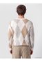Peak New Season Ecru Crew Neck Diamond Patterned Men's Knitwear Sweater - 4